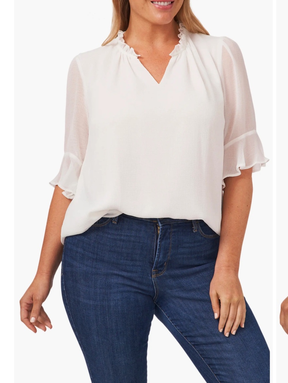 CeCe Black Ruffled V-Neck Blouse with Sheer Flutter Sleeves #94